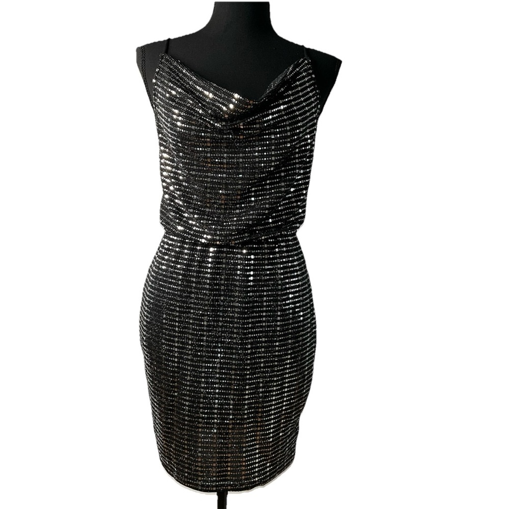 Verte Shiny Sequin Cowl Neckline Womens Mini Dress SZ S Statement Entrance Diva
